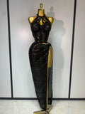 Women Sparkly Silver Rhinestones Top Long Skirt Two Pieces Set Singer Dancer Performance Costume Nightclub Stage Wear black