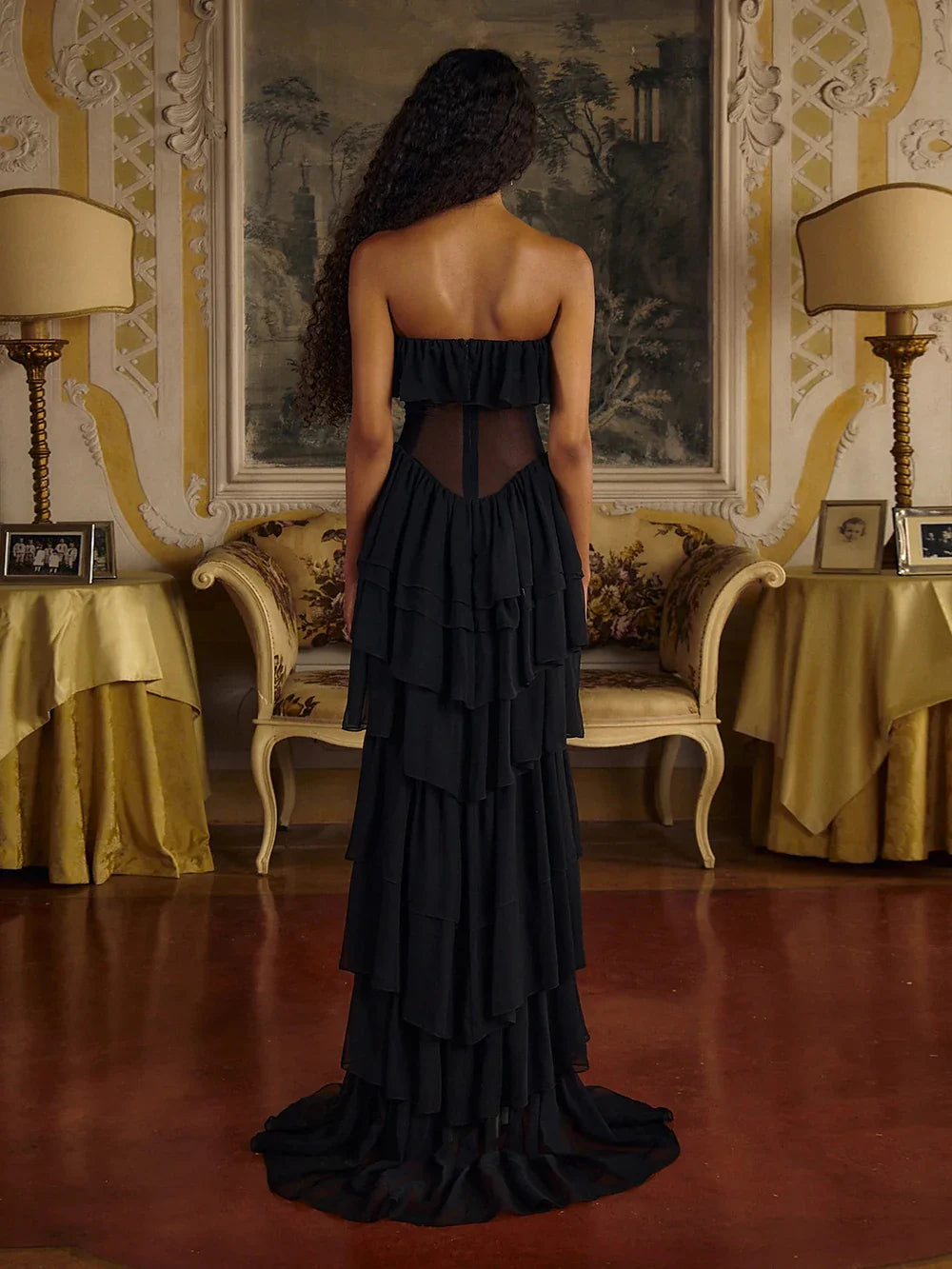 Women Sexy Strapless Ruffle Slim Maxi Dress for cummerbund Elegant Sleeveless Lady Evening Party Gowns Female Robes