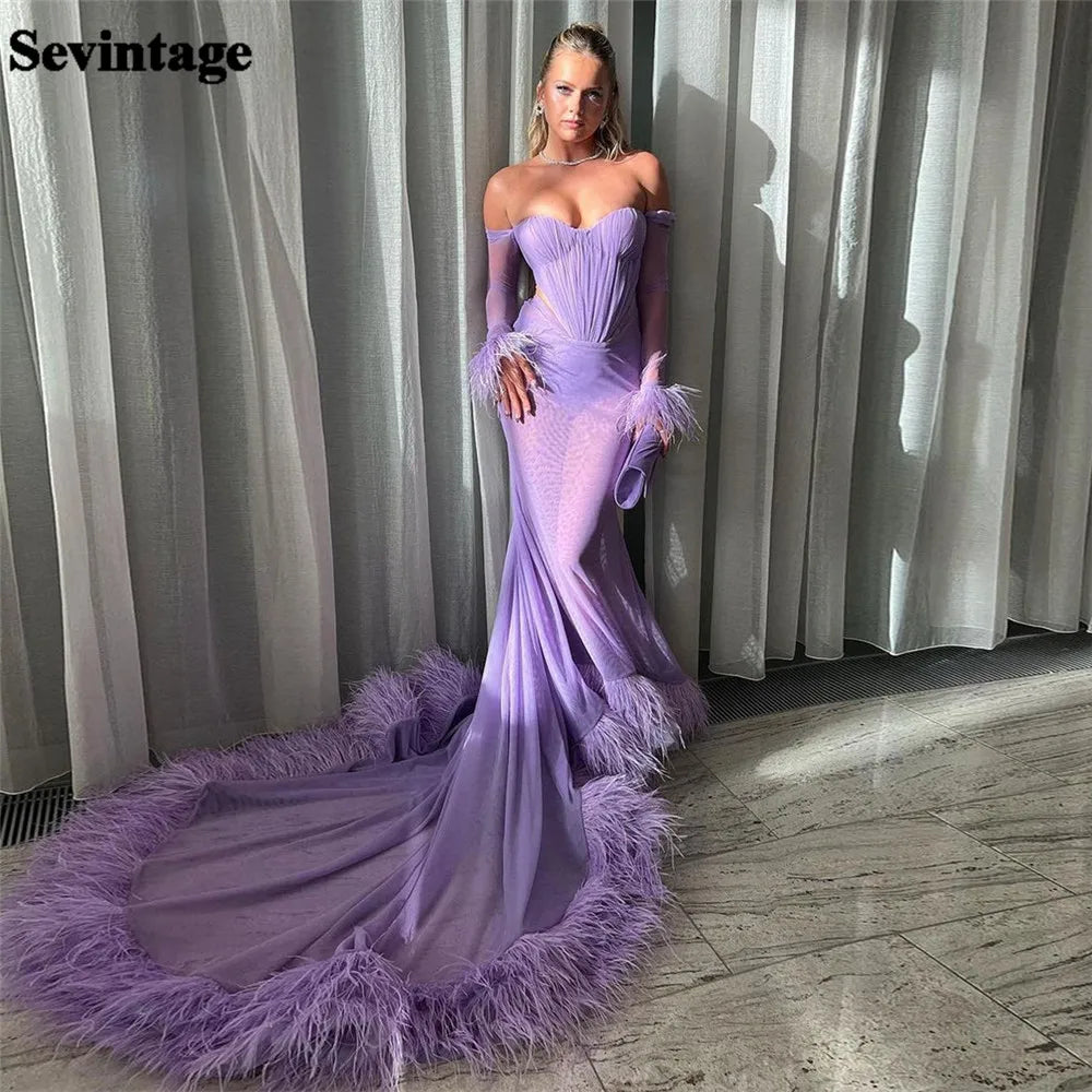 Noble Lavender Mermaid Prom Dress Chiffon Off The Shoulder Feather Floor Length Evening Dress vestido de gala