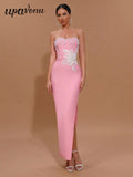 Spring Sexy Women's 3D Flower Pearl Bandage Dress Strapless Sleeveless Bodycon Backless Long Dress Club Party Vestidos