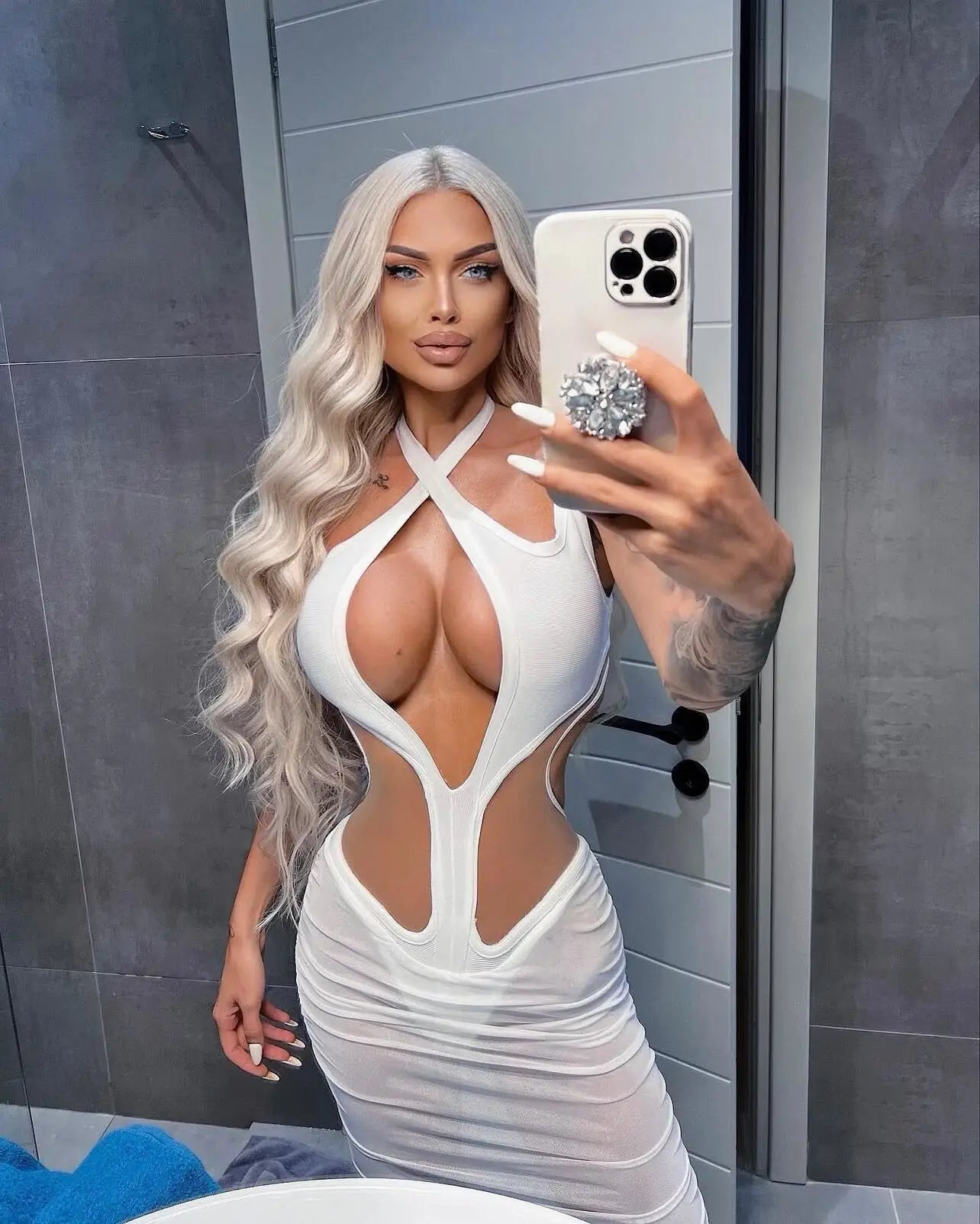Women Sleeveless Sexy Halter See Through Bodycon Mid-calf Bandage Dress Nightclub Party Celebrate Dress