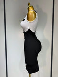 Fashionable Women Bandage Golden Buttons White Black Patchwork Sleeveless Bodycon Elegant Party Dresses