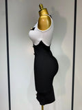 Arrivals Fashionable Women Bandage Golden Buttons White Black Patchwork Sleeveless Bodycon Elegant Party Dresses