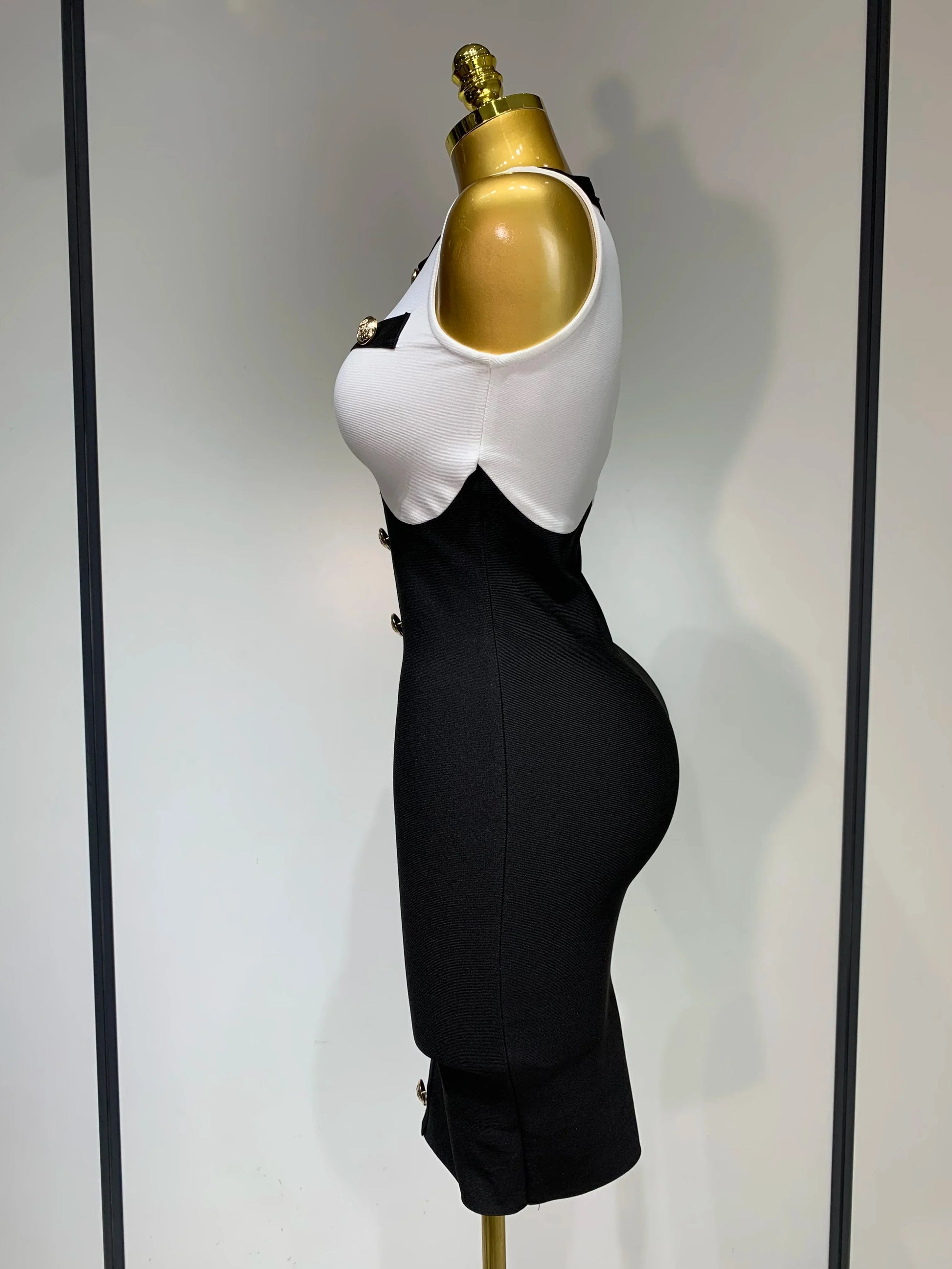 Arrivals Fashionable Women Bandage Golden Buttons White Black Patchwork Sleeveless Bodycon Elegant Party Dresses