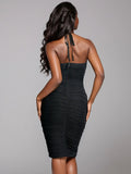 2024 Sexy Women'S Black Chiffon Dress Hanging Neck Style Sleeveless Three-Dimensional Flower Design Bodycon Backless Mini Dress