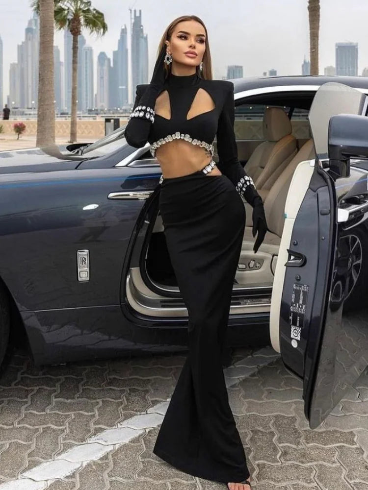 Stylish Luxury Diamonds Woman Bandage Set Sexy Hollow Out Short Top And Mermaid Long Skirt 2 Pieces Evening Party Vestido