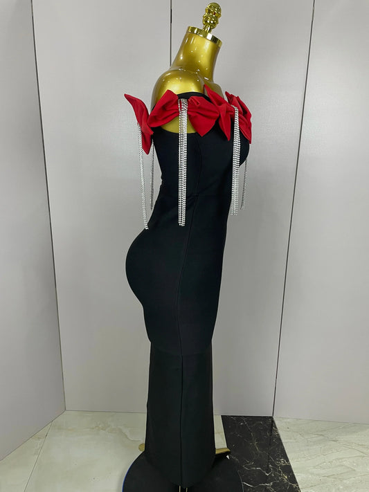 Women Celebrity Sexy Off Shoulder Flower Diamonds Black Bow Tie Maxi Long XL Bandage Dress Elegant Evening Club Party Dress