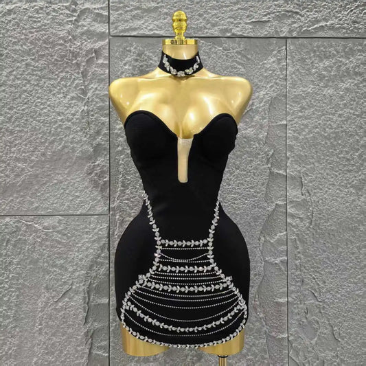 Black Color Women Sexy Strapless Shinning Crystal Bodycon Mini Bandage Dress Necklace Fashion Celebrate Nightclub Party Wear black