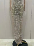 Sparkly Silver Big Rhinestone Sexy Transparent Long Dress Women Evening Birthday Party Celebrate Club Dancer Stage Costume