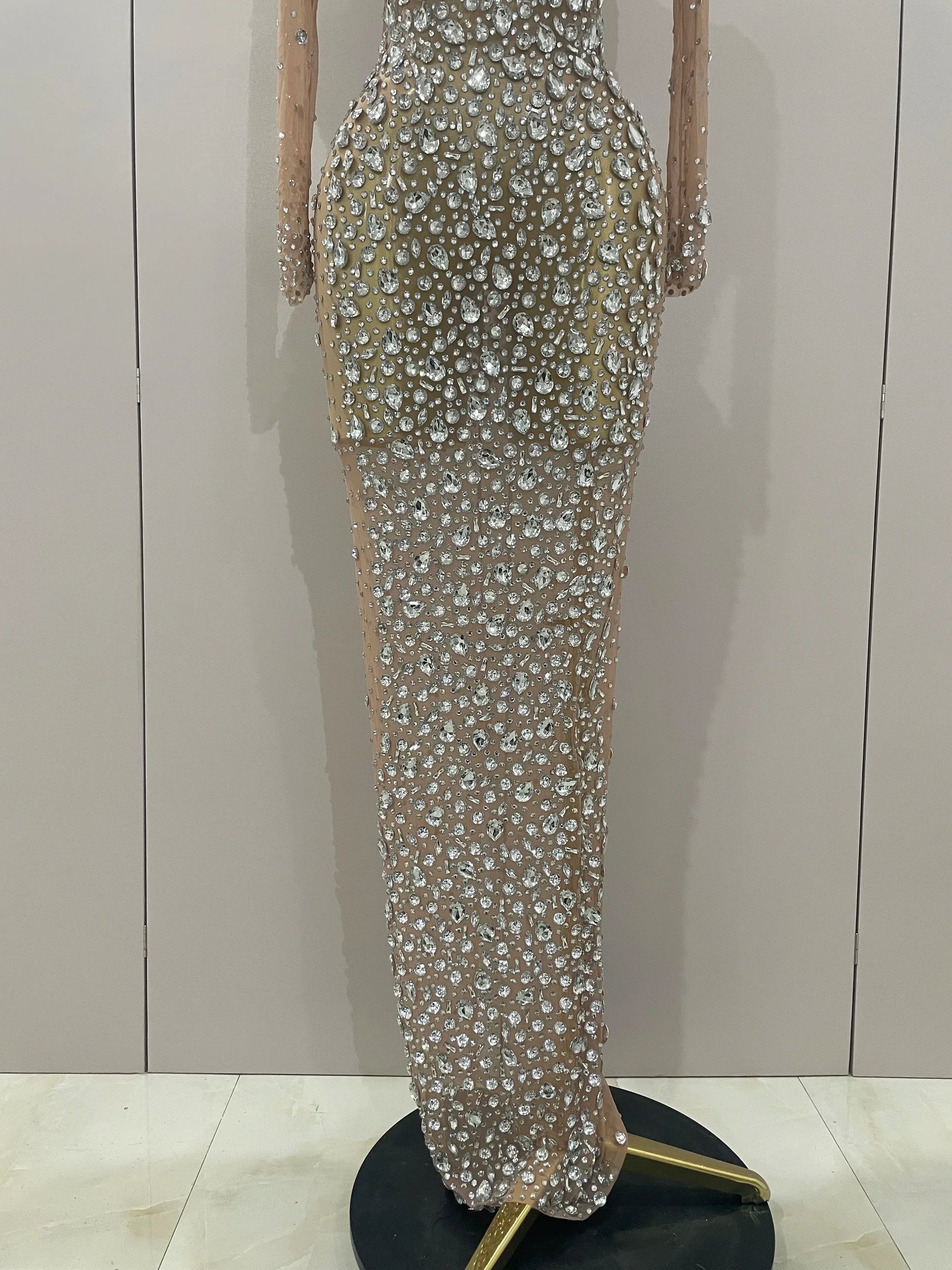 Sparkly Silver Big Rhinestone Sexy Transparent Long Dress Women Evening Birthday Party Celebrate Club Dancer Stage Costume
