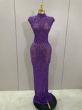 Sexy Sparkly Crystal Diamonds Mesh See Through Long Dress Women Elegant Party Costume Singer Stage Performance Outfit PURPLE