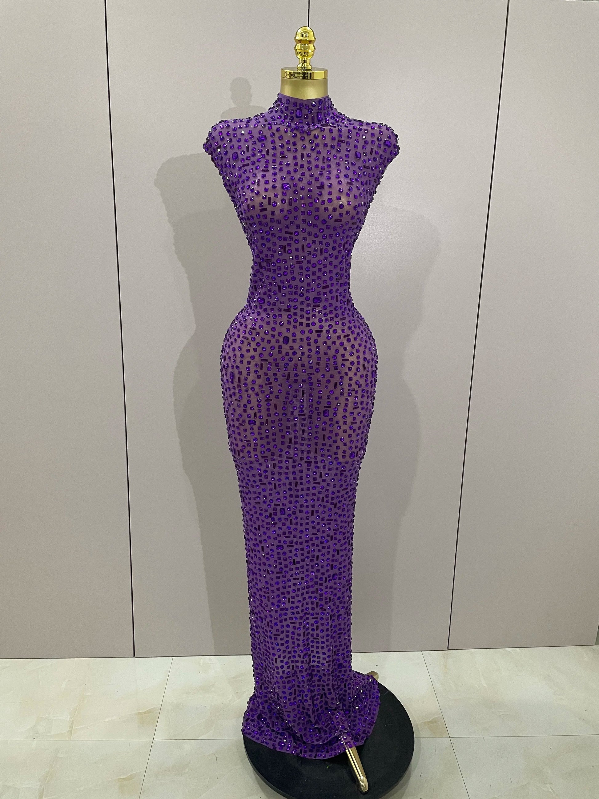 Sexy Sparkly Crystal Diamonds Mesh See Through Long Dress Women Elegant Party Costume Singer Stage Performance Outfit PURPLE