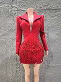 Women Long Sleeve Sexy Deep V-Neck Bodycon Blazer Dress Shinning Sequins Celebrate Nightclub Bar Singer Stage Wear Red