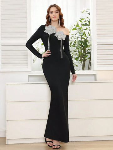 Women's Black Ankle-Length Bodycon Bandage Dress with Diagonal Collar and Diamond Floral Design in Brocade Fabric black