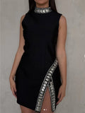 Black Red Women Sleeveless Sexy Big Crystal Sparkly Bodycon Mini Bandage Dress Celebrate Birthday Party Nightclub Outfit Vestido