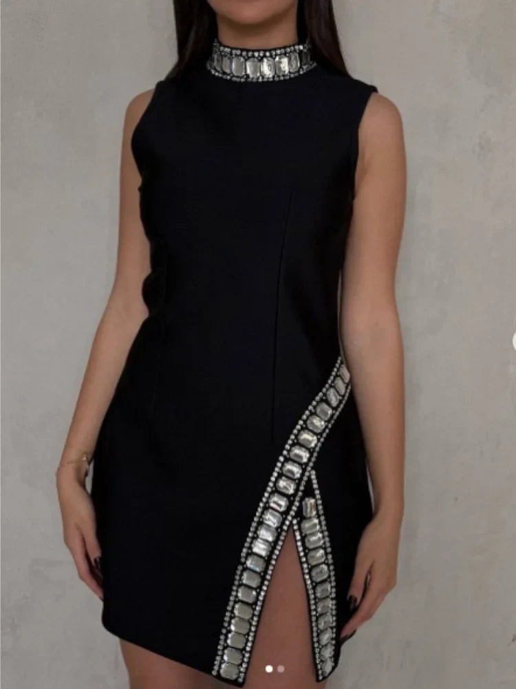 Black Red Women Sleeveless Sexy Big Crystal Sparkly Bodycon Mini Bandage Dress Celebrate Birthday Party Nightclub Outfit Vestido