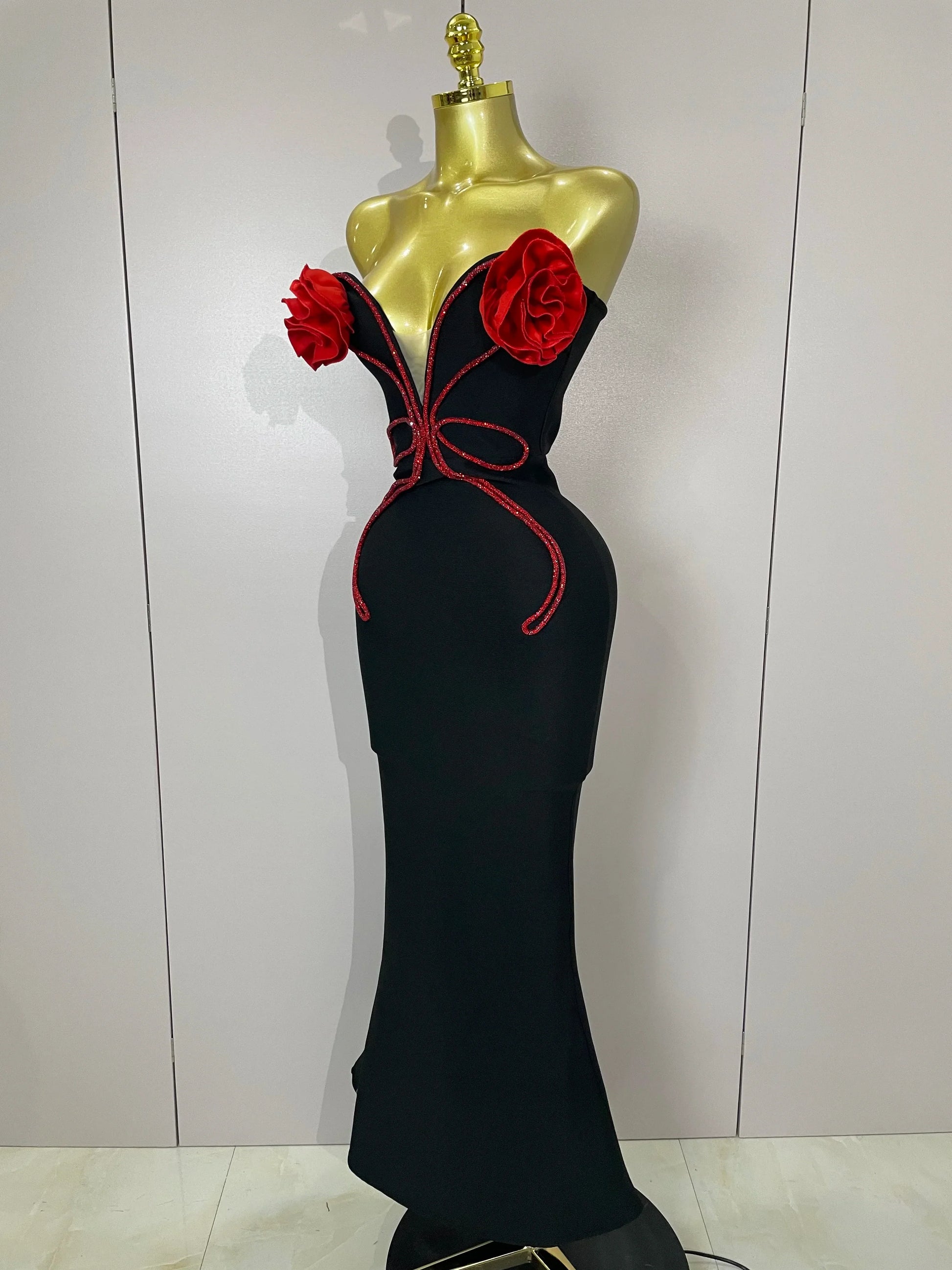 black Off Shoulder Red Flower Bandage Long Dress Women Elegant Fshion Celebrity Party Dress