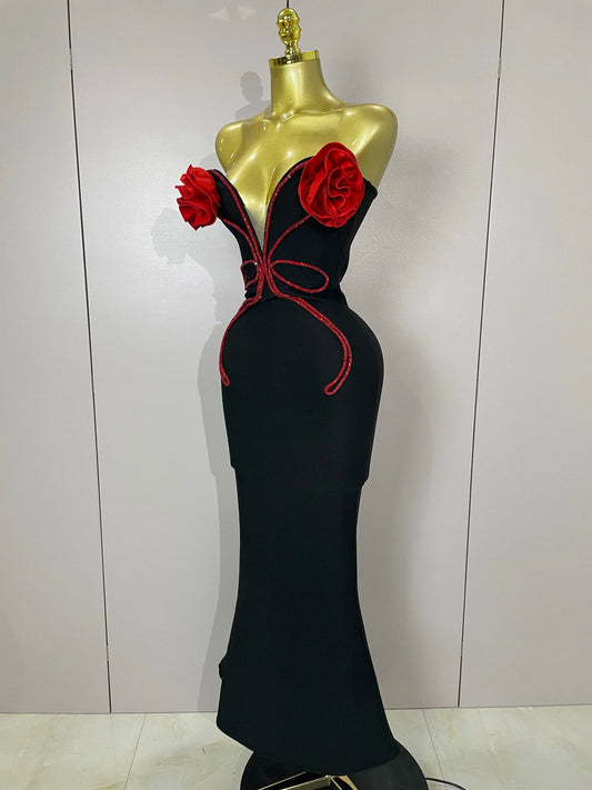 black Off Shoulder Red Flower Bandage Long Dress Women Elegant Fshion Celebrity Party Dress