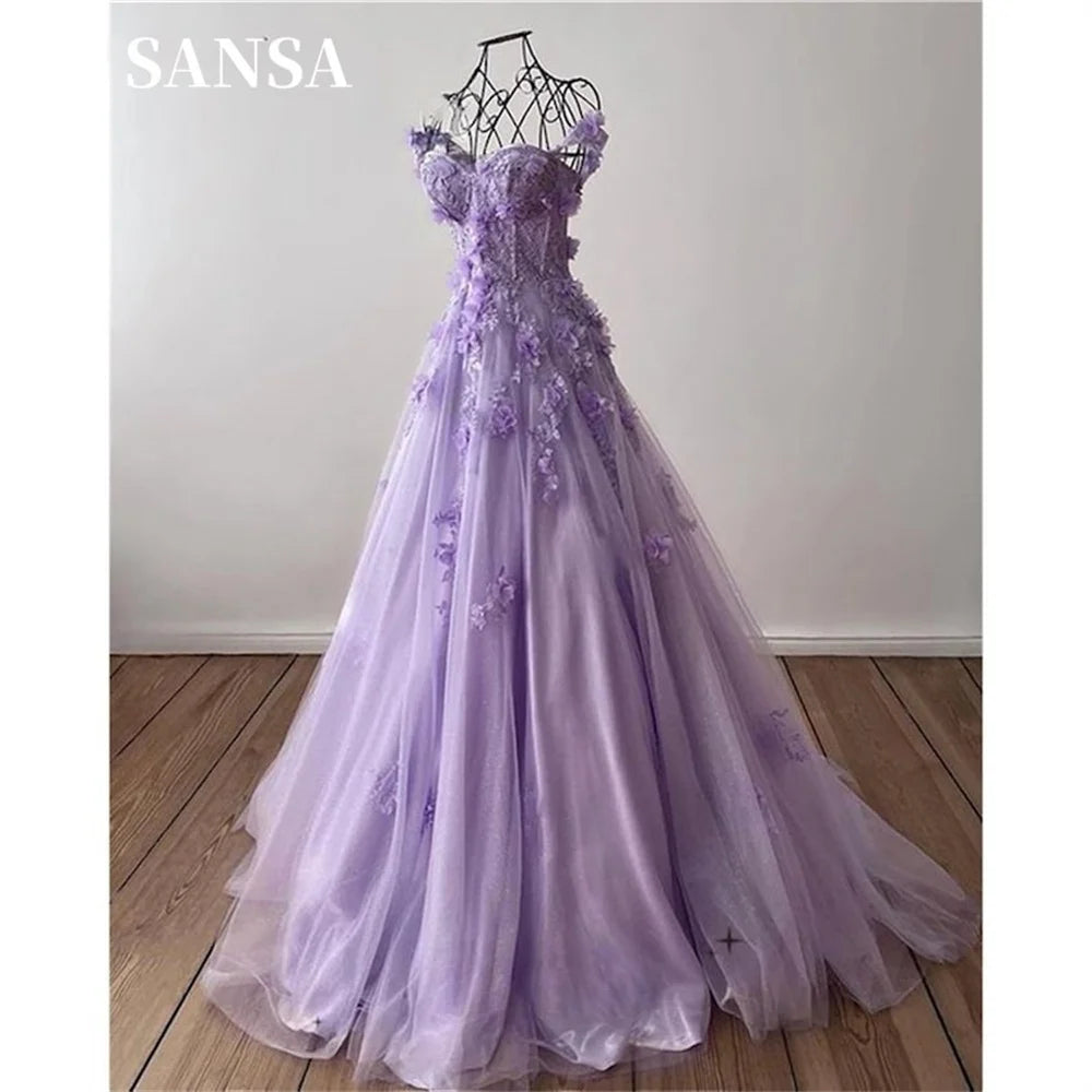 Princess Off Shoulder فساتين السهرة Sweet 3D Flower A-line Prom Dress Side Split Lace Embroidery Vestidos De Noche