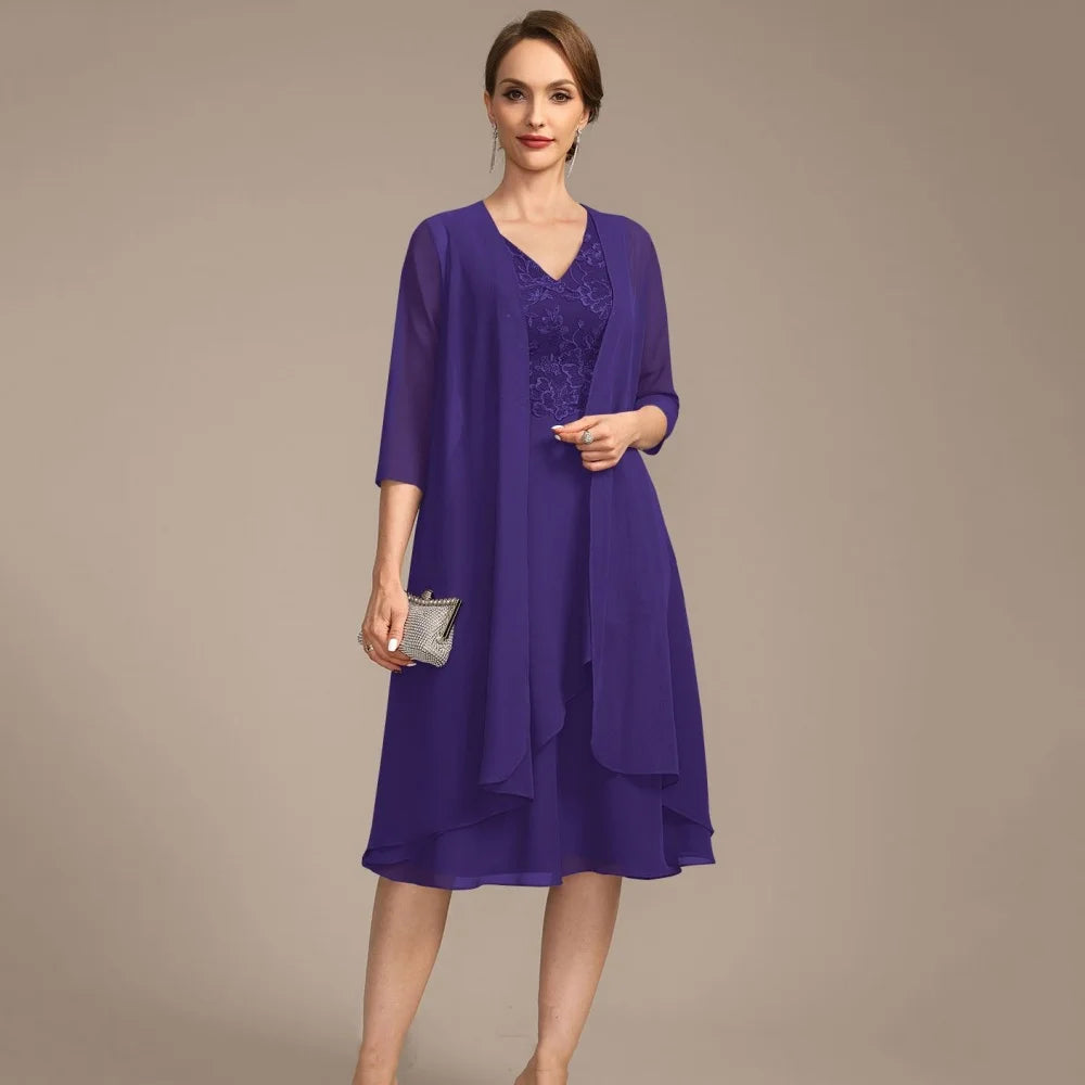 Chiffon Customized Mother Dresses A Line Evening Gowns V Neck Lace Elegant Bride Party Dress robes invitée mariage