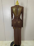 Women Elegant Brown Mesh Fold Long Sleeve Bodycon Dress Evening Party Club Sexy Perspective Fashion Luxury Birthday Dresses