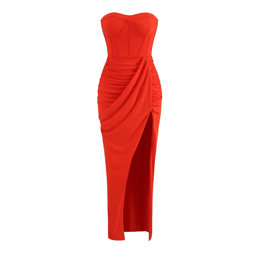 2023 Summer Women Sexy Strapless Bodycon Mid-calf Bodycon High Split Dress Fashion Wedding Mermaid Celebrate Party Dress