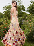 Colorful 3D Flowers Lace Sleeveless Boho Wedding Dresses A-Line V-Neck Spaghetti Straps Country Bridal Gowns