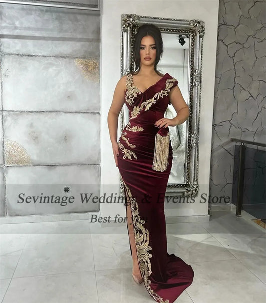 Elegant Mermaid Evening Dress V-Neck Sleeveless Lace Appliques Prom Gown Sheath Side Slit Floor Length Algerian Outfit