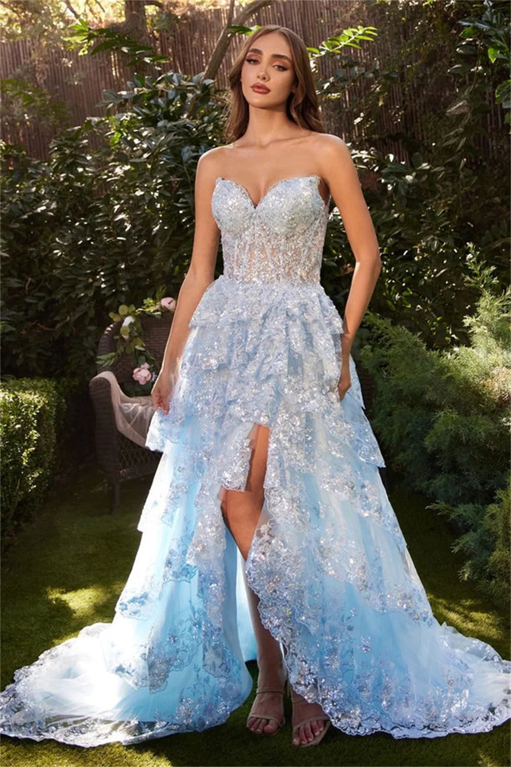 Baby Blue Lace Prom Dress Princess Strapless Side Split Formal Occasion Dresses Sweet Shiny Lace Train Party Dress