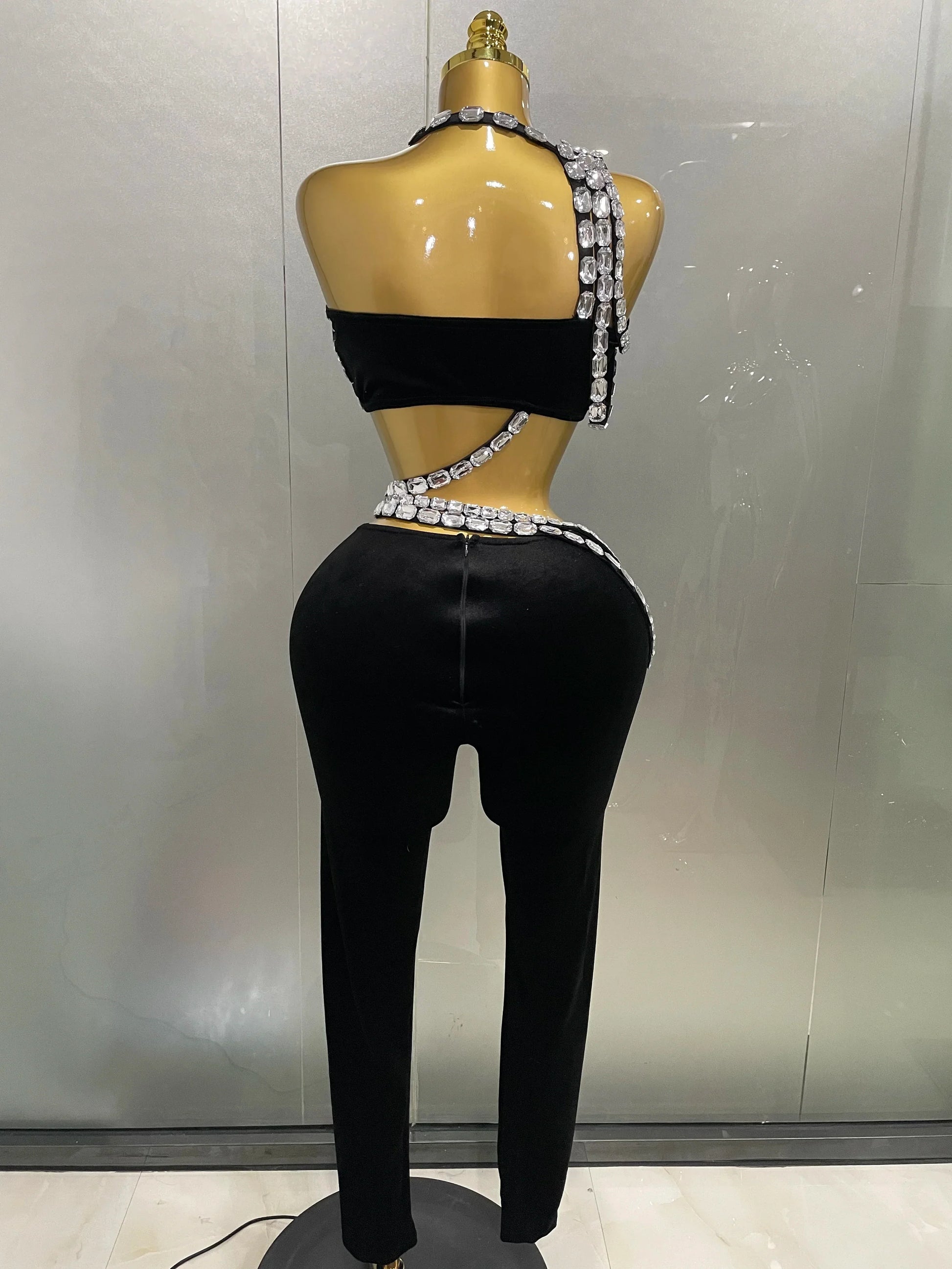 Luxury Sparkle Diamonds Sexy Crop Top Velour Pant Two Pieces Set Women Celebrate Birthday Party Nightclub Stage Costume