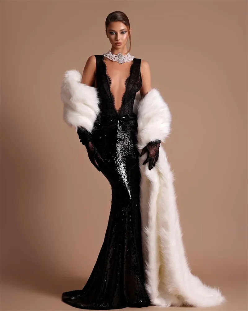 Black Lace Patchwork Sequins Sexy V-Neck Mermaid Floor Length Dress Fashion Woman Party Dress Celebrity banquet Outfit black