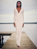 Modphy Sexy V-neck splicing 3D Flower Fold Tight Long Dress Women Long sleeves Solid White Party Evening Wedding Gowns