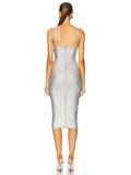 Foil Silver Color Women Sleeveless Sexy Strap Square Collar Bodycon Midi Bandage Dress Celebrate Nightclub Party Dress Vestido