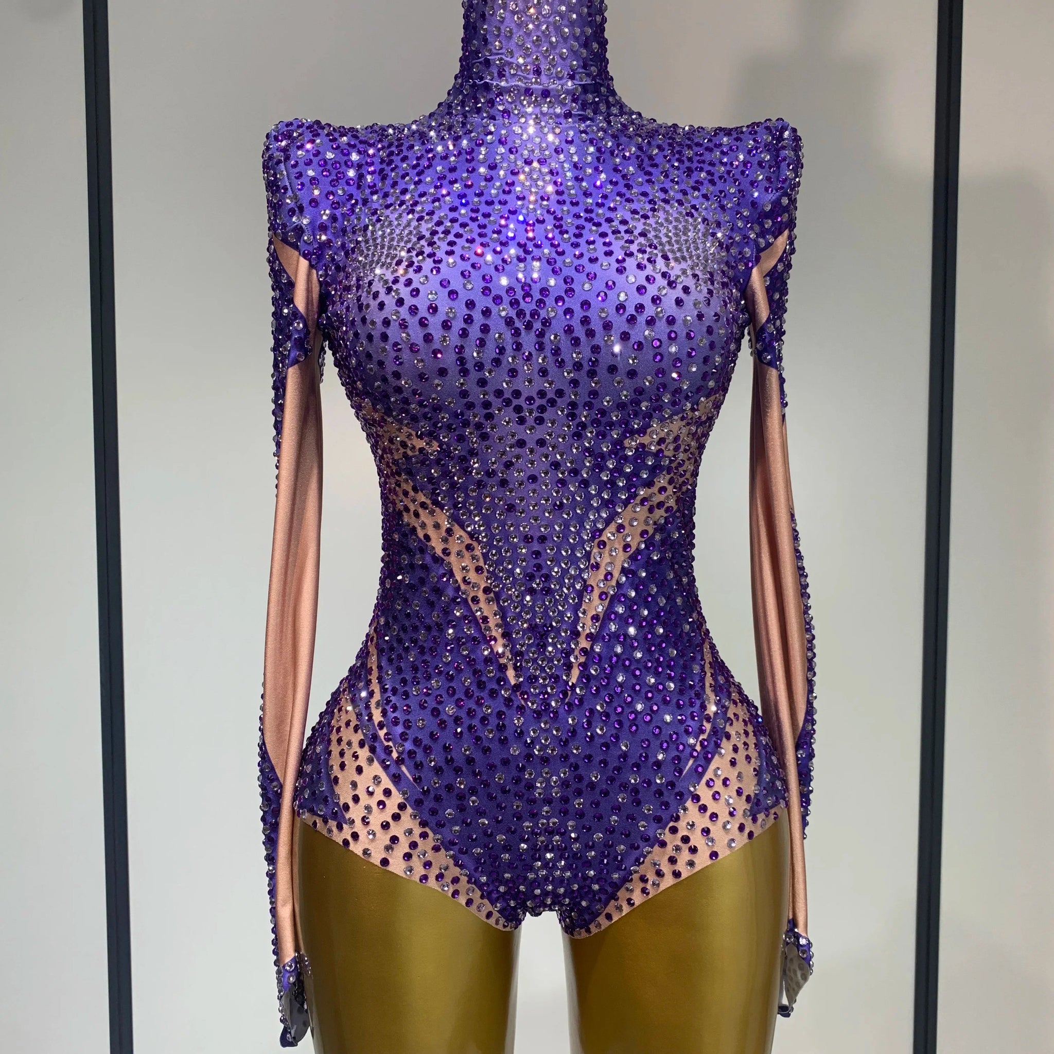 High Quality Luxury Rhinestone Elastic Long Sleeved Bodysuit Club Singer Dancer Stage Performa Costume Evening Party Outfit PURPLE