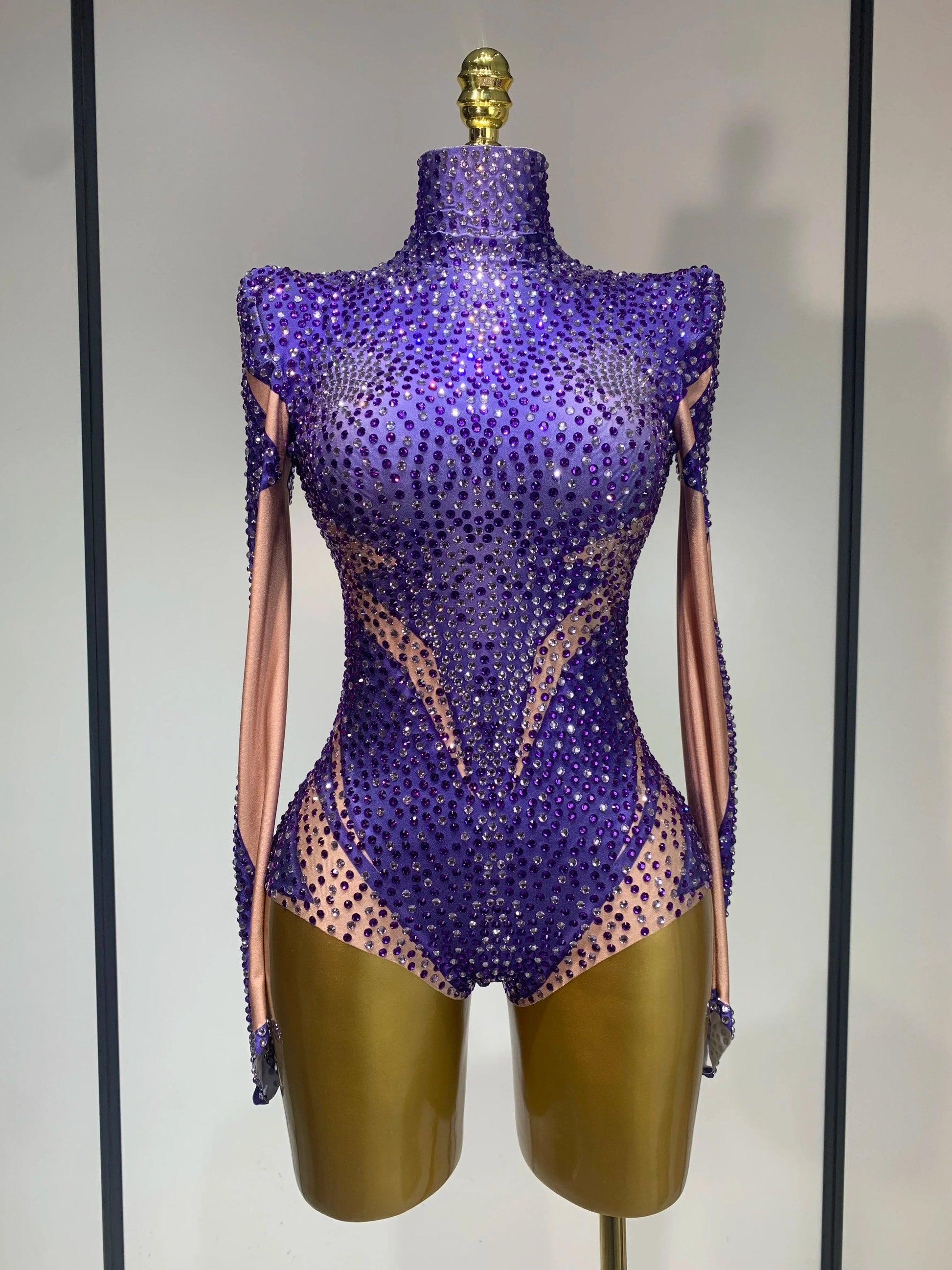High Quality Luxury Rhinestone Elastic Long Sleeved Bodysuit Club Singer Dancer Stage Performa Costume Evening Party Outfit PURPLE