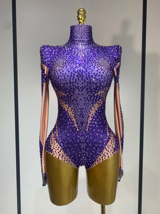 High Quality Luxury Rhinestone Elastic Long Sleeved Bodysuit Club Singer Dancer Stage Performa Costume Evening Party Outfit PURPLE