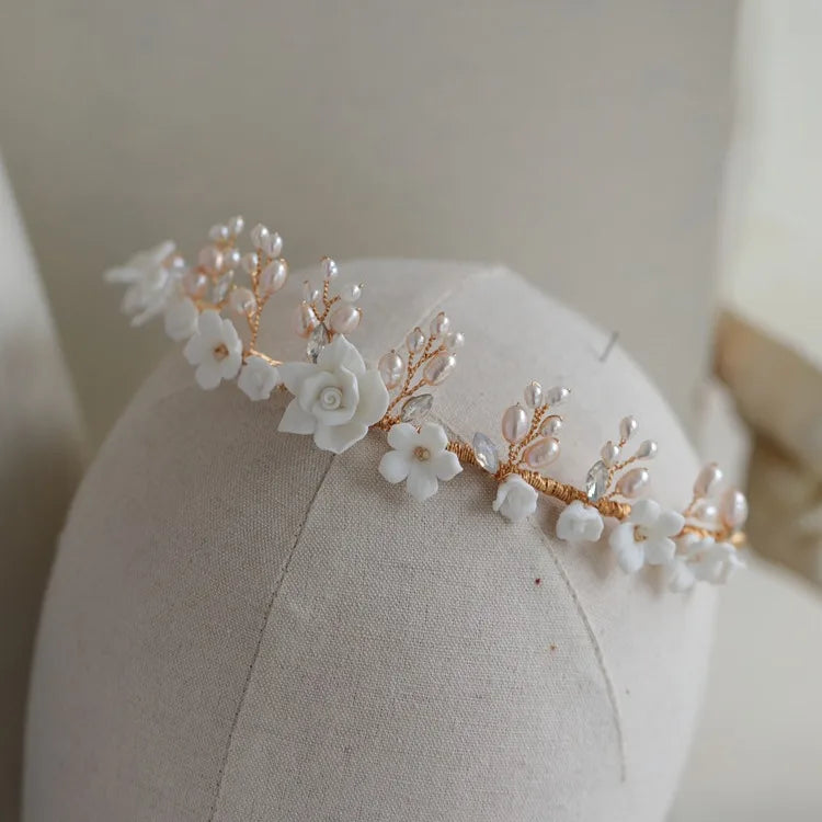 Gold Color Headband Freshwater Pearl Headpiece For Brides Porcelain Flower Hairband Wedding Accessories Bridal Hair Jewelry