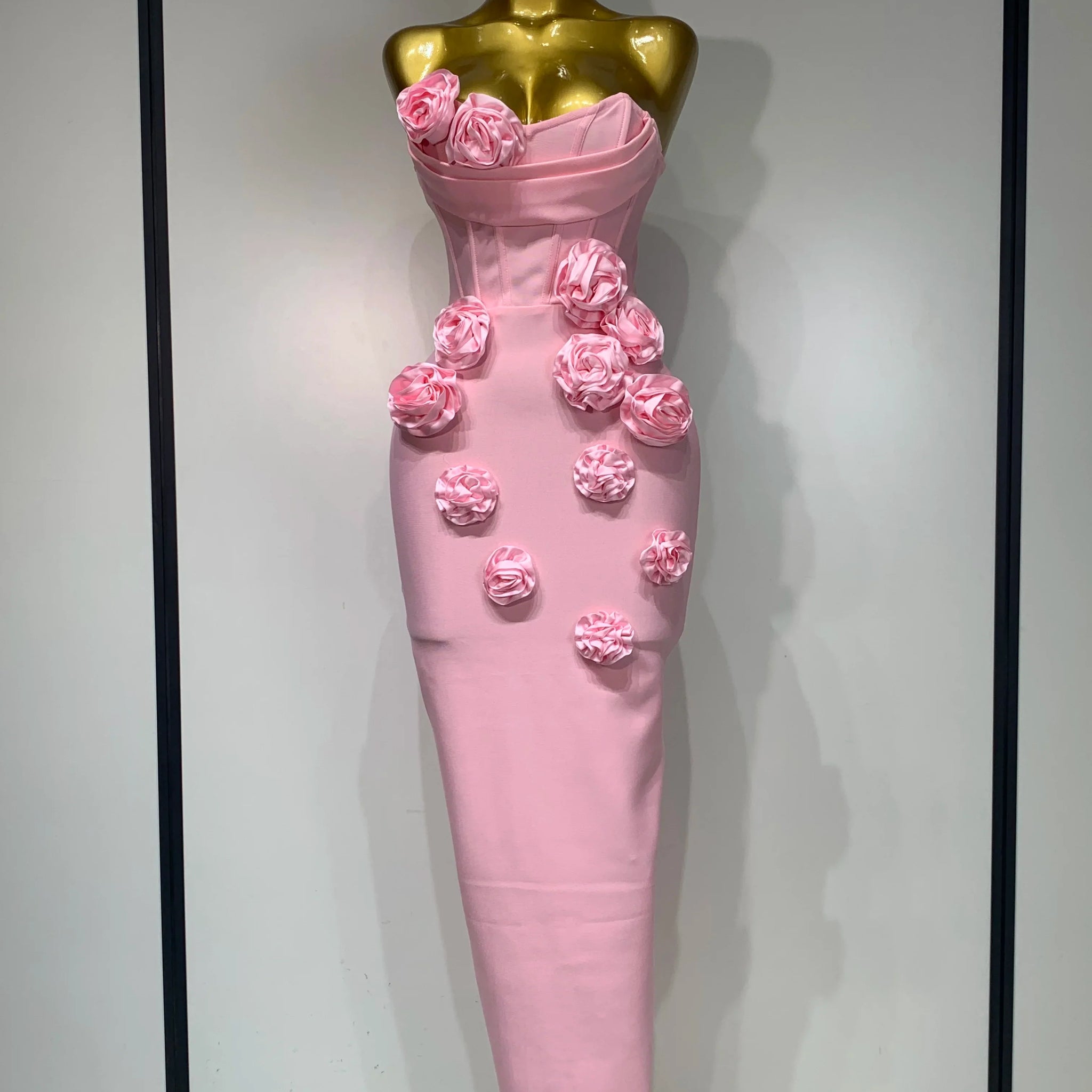 Women Celebrity Sexy Strapless Backless Flower Maxi Long Bodycon Bandage Dress Elegant Birthday Evening Club Party Dresses Pink