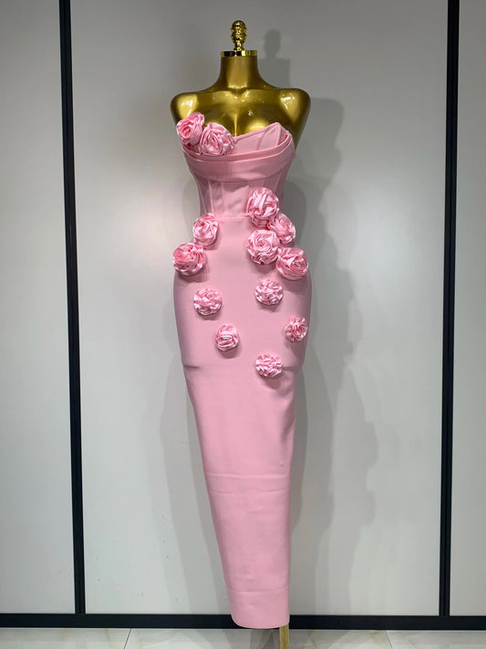Women Celebrity Sexy Strapless Backless Flower Maxi Long Bodycon Bandage Dress Elegant Birthday Evening Club Party Dresses Pink