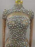 Sparkly Silver Big Rhinestone Sexy Transparent Long Dress Women Evening Birthday Party Celebrate Club Dancer Stage Costume