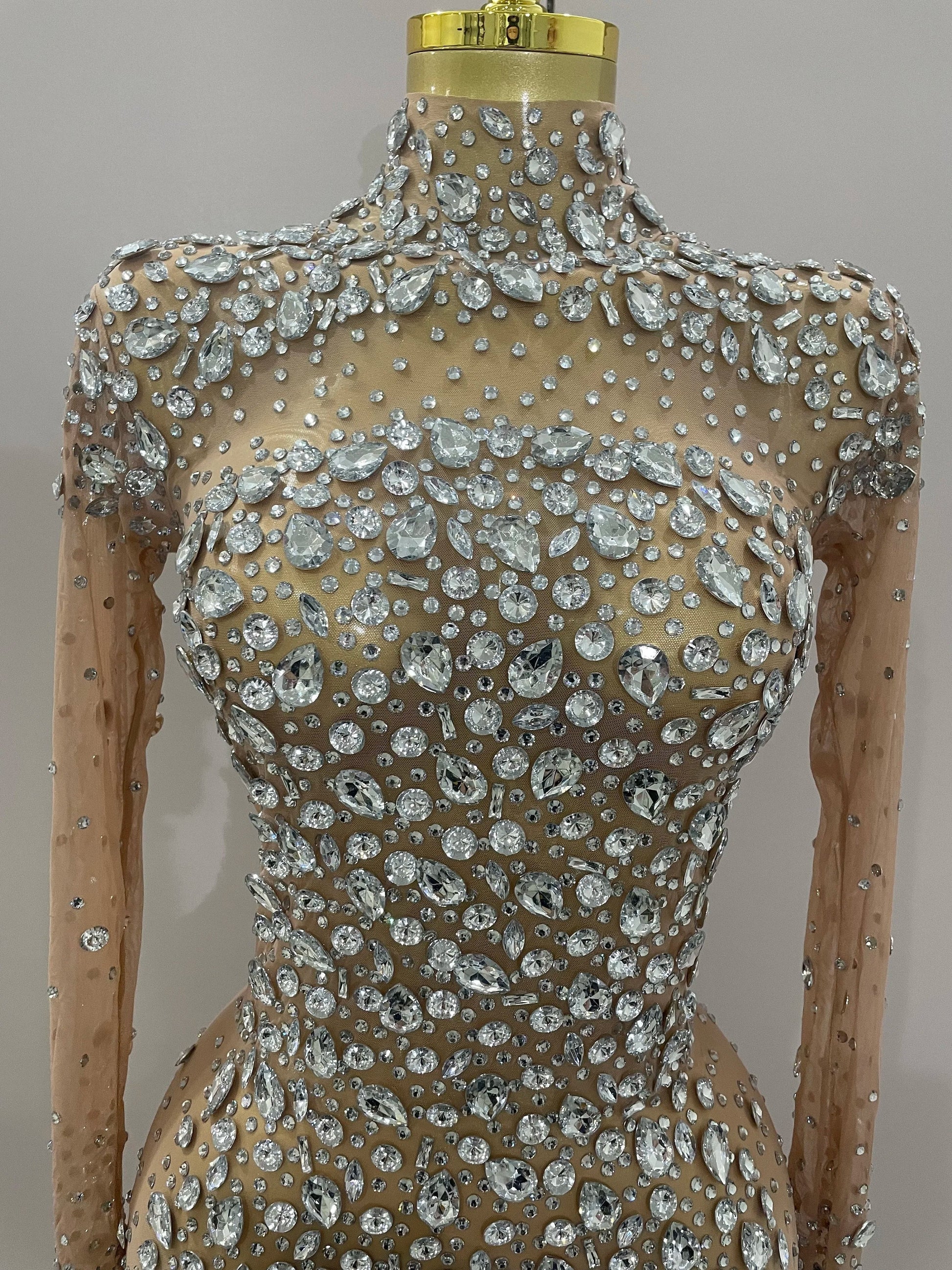 Sparkly Silver Big Rhinestone Sexy Transparent Long Dress Women Evening Birthday Party Celebrate Club Dancer Stage Costume