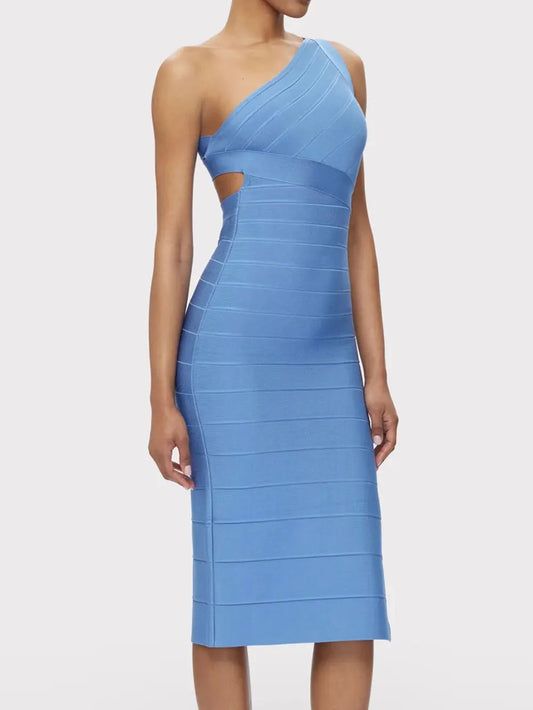 Elegant Women's Single Shoulder Sleeveless Bandage Dress with Diagonal Collar Bodycon Bareback Split and Knee Dress Vestido