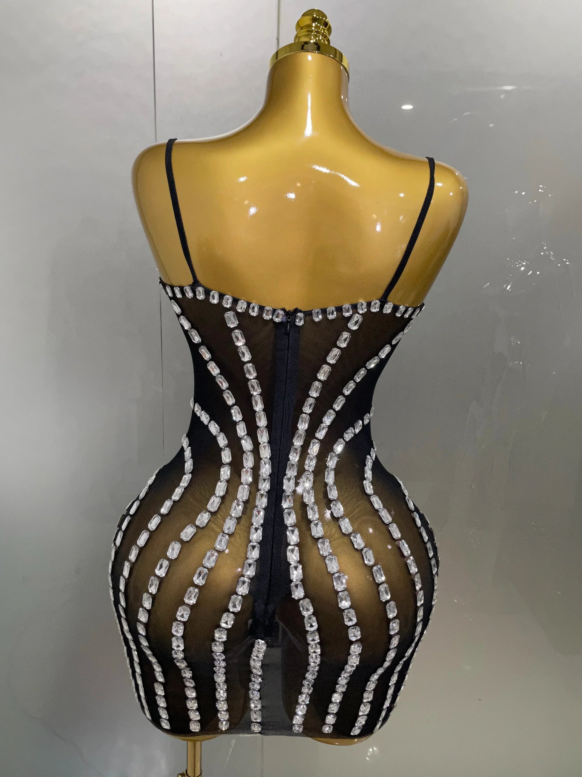 Sexy Sparkly Rhinestones Mesh See Through Short Slip Dress Women Evening Birthday Party Prom Nightclub PhotoShoot Stage Wear