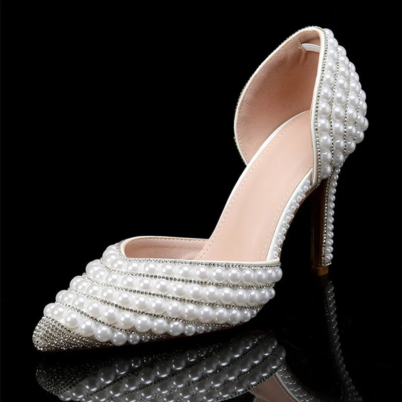 Luxury Handmade Full Pearls Rhinestones Wedding Women Pumps Elegant Pointed toe Bridal Thin High heels Fashion Party Prom Shoes White
