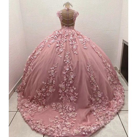 Pink 3D Flowers Quinceanera Dresses Luxury Pearls Beading Appliques Vestidos De 15 Anos Birthday Party Princess