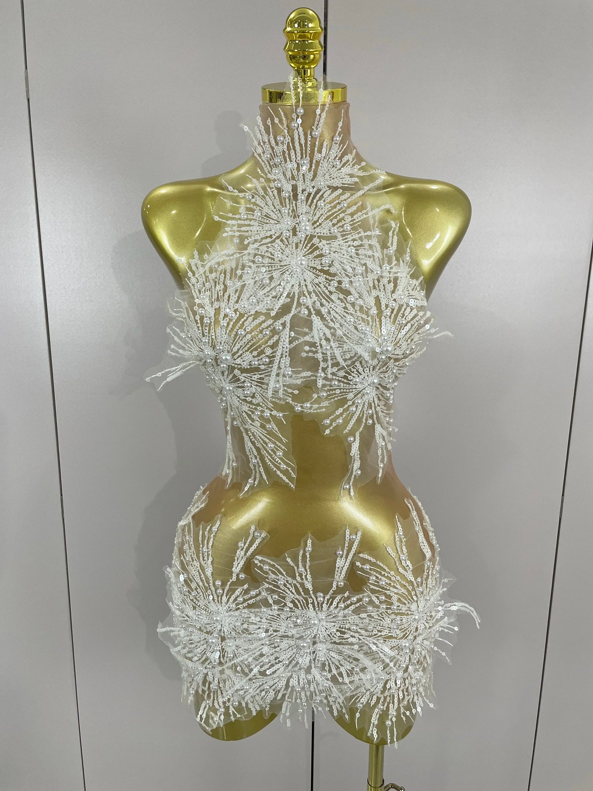 Sexy Pearl Sequins Tassel Sleeveless Glitter Mini Dress Women Singer Bar Nightclub Stage Performance Clothing Show Outfit White