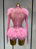 Sexy See Through Rhinestone Bodysuit Women Sexy Tight Mesh Ruffles Performance Dancer Singer Costume Nightclub Stage Outfit