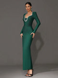 Elegant Women's Light Luxury Nail Diamond Design Bandage Dress U Neck Long Sleeve Bodycon Long Dress Evening Party Vestidos