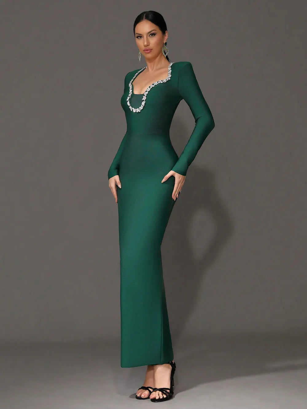 Elegant Women's Light Luxury Nail Diamond Design Bandage Dress U Neck Long Sleeve Bodycon Long Dress Evening Party Vestidos