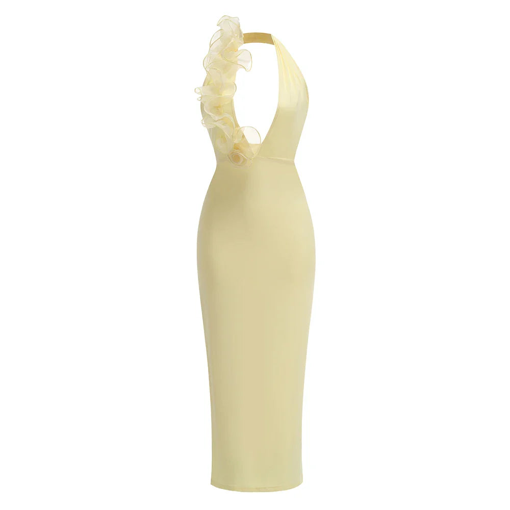 New Arrival Celebrity Fashion Birthday Party Cocktail Dress Women Sexy Halter Backless Florals Bodycon Long Outfit Wholesale Yellow